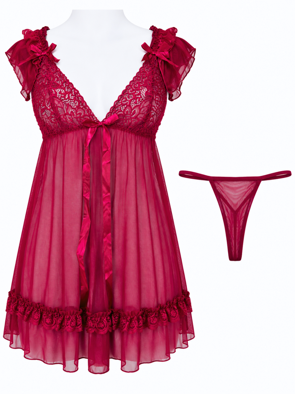 Elegant lace ruffle babydoll nightwear set online.