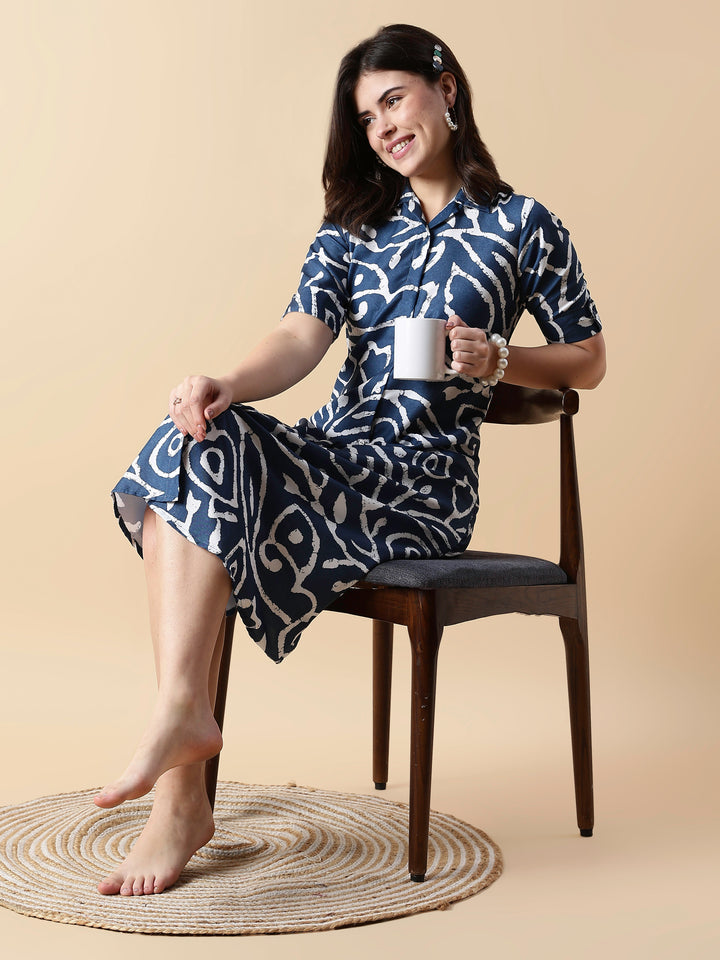 Indigo button down chic style printed nighty dress for women