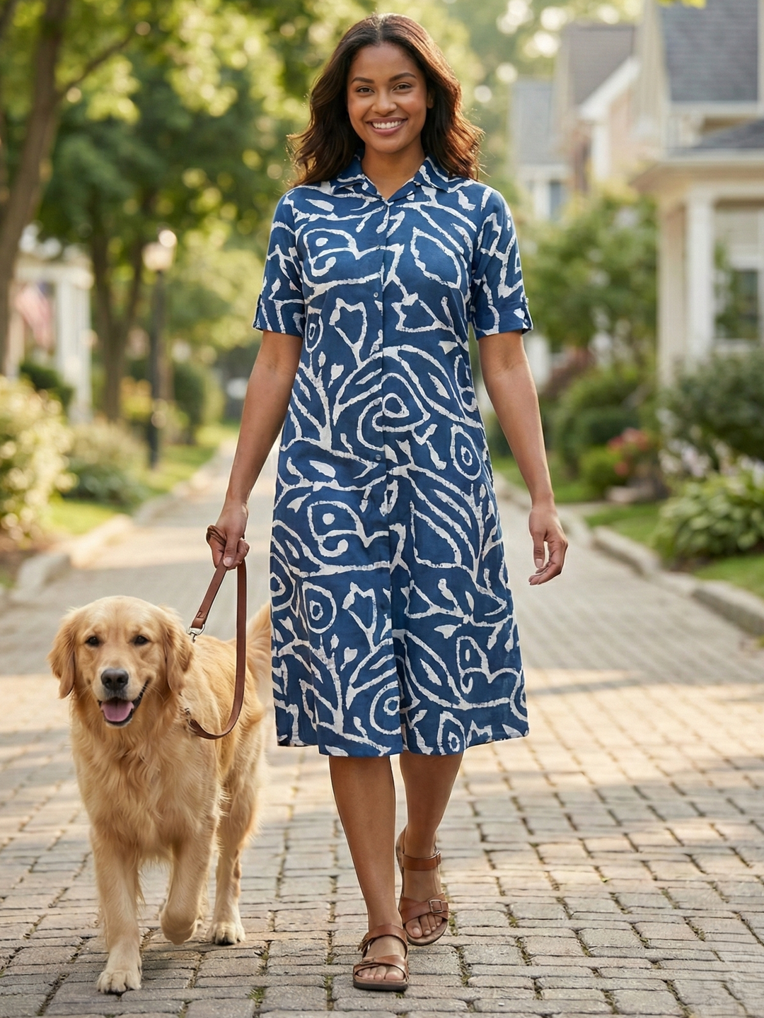 Indigo button down chic style printed nighty dress for women