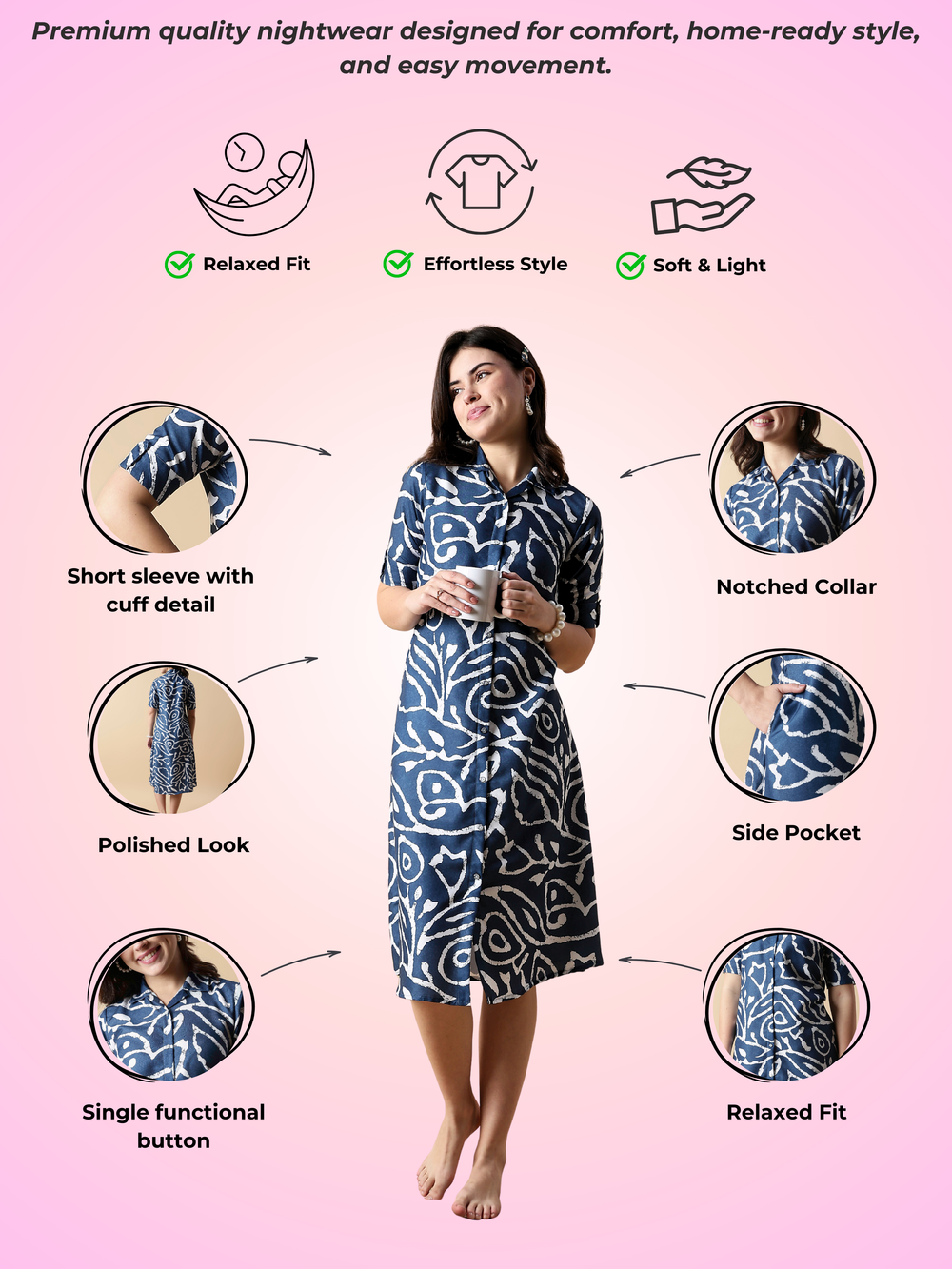 Indigo button down chic style printed nighty dress for women