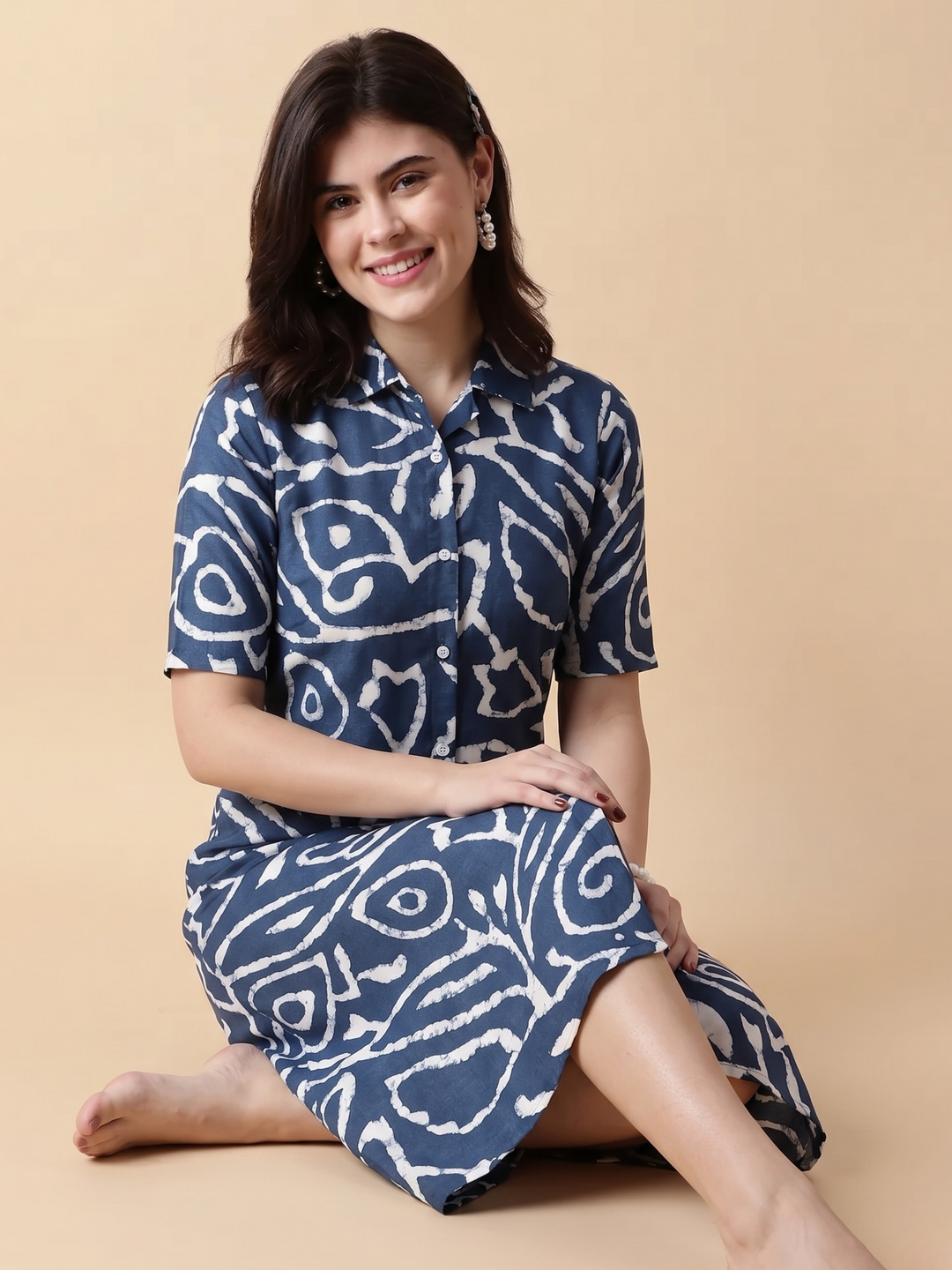 Indigo button down chic style printed nighty dress for women