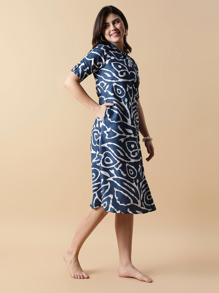 Indigo button down chic style printed nighty dress for women