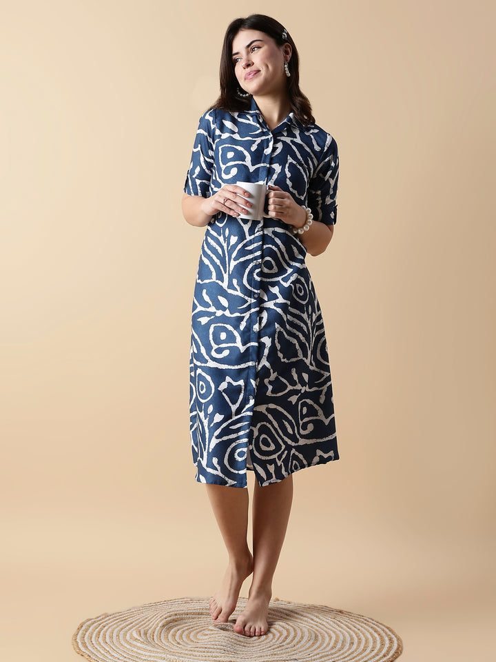 Indigo button down chic style printed nighty dress for women