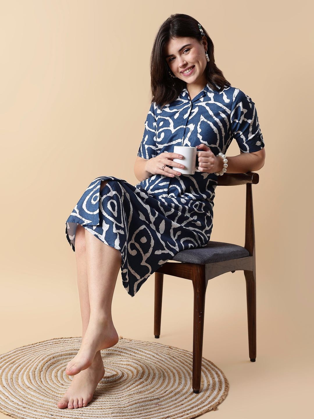 Indigo button down chic style printed nighty dress for women