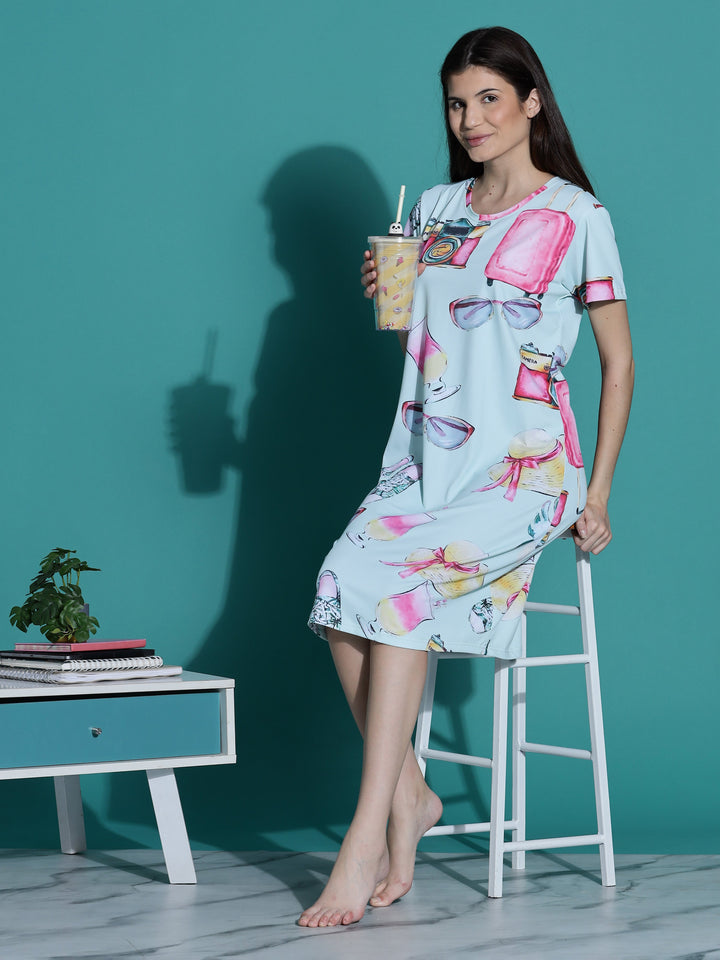 Mint green knee length night dress for women with pocket