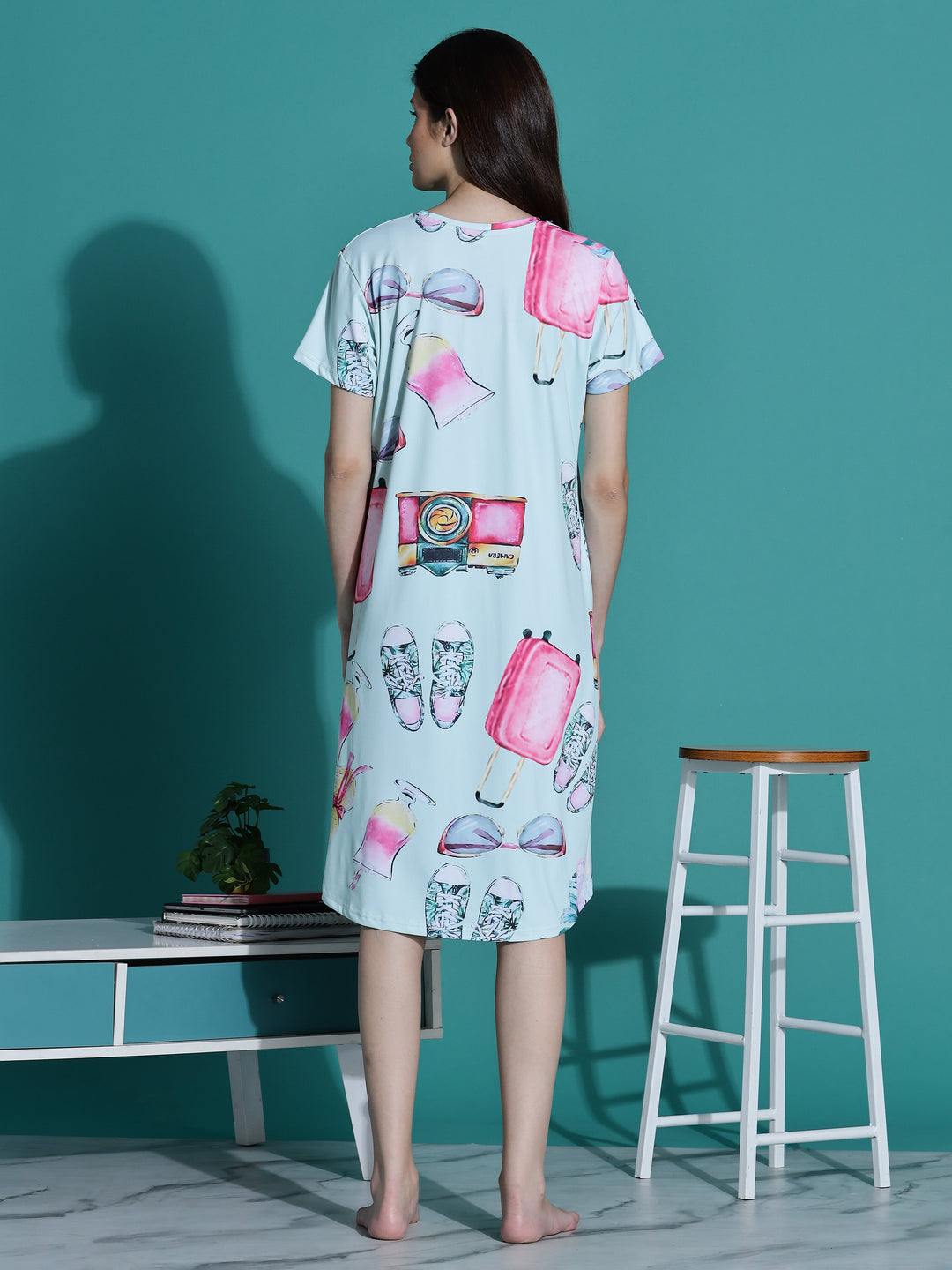 Mint green knee length night dress for women with pocket