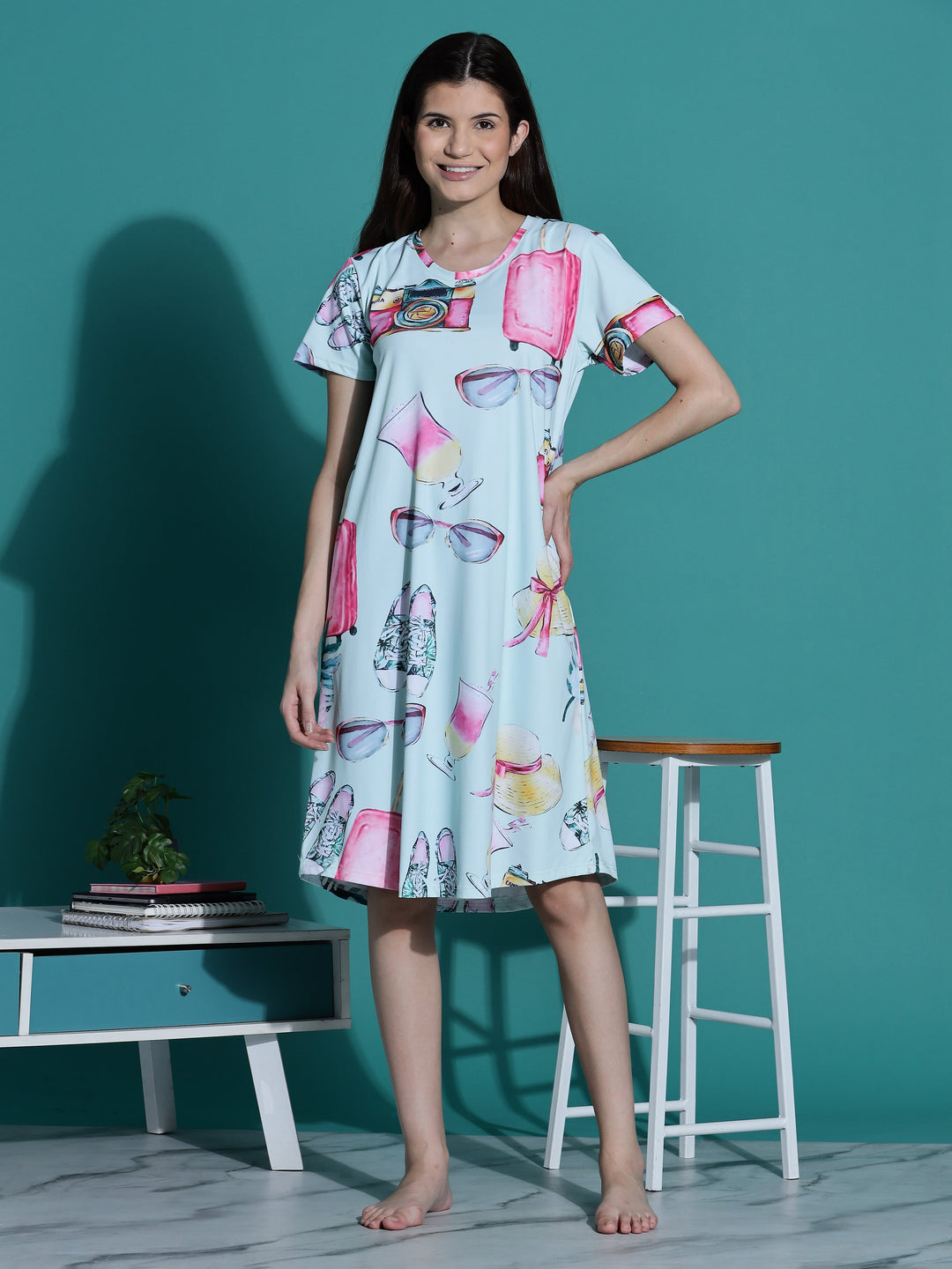 Mint green knee length night dress for women with pocket