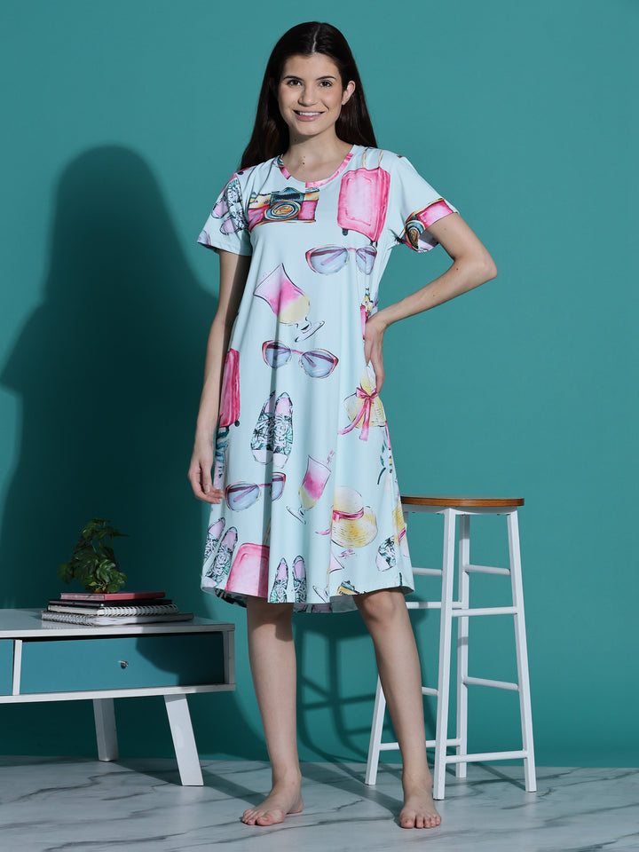 Mint green knee length night dress for women with pocket