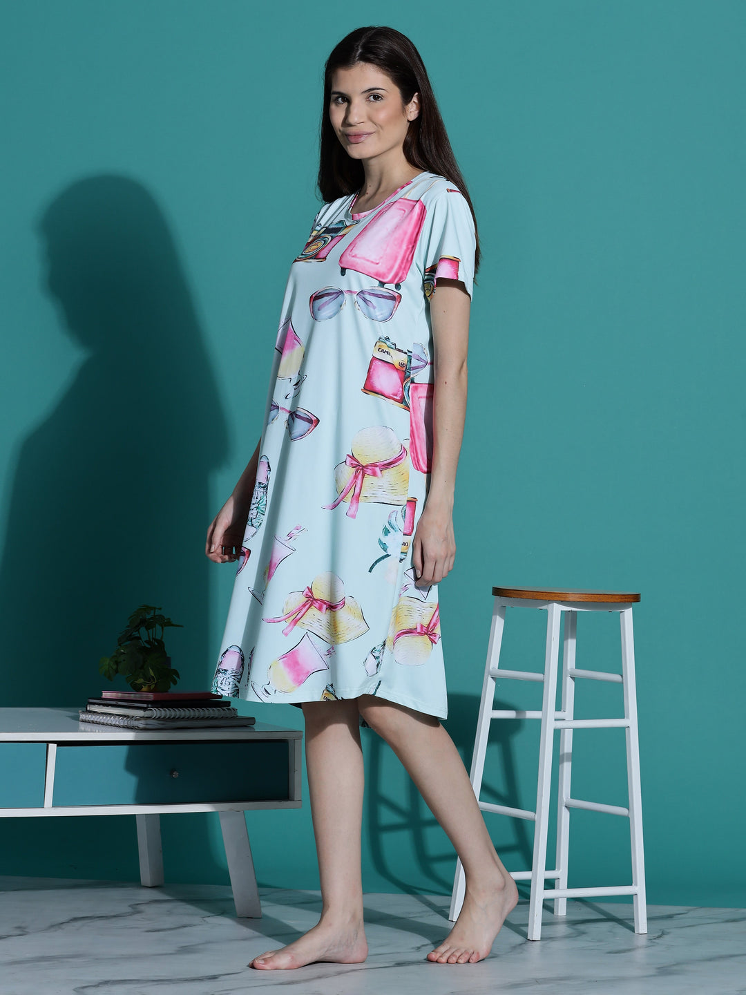 Mint green knee length night dress for women with pocket