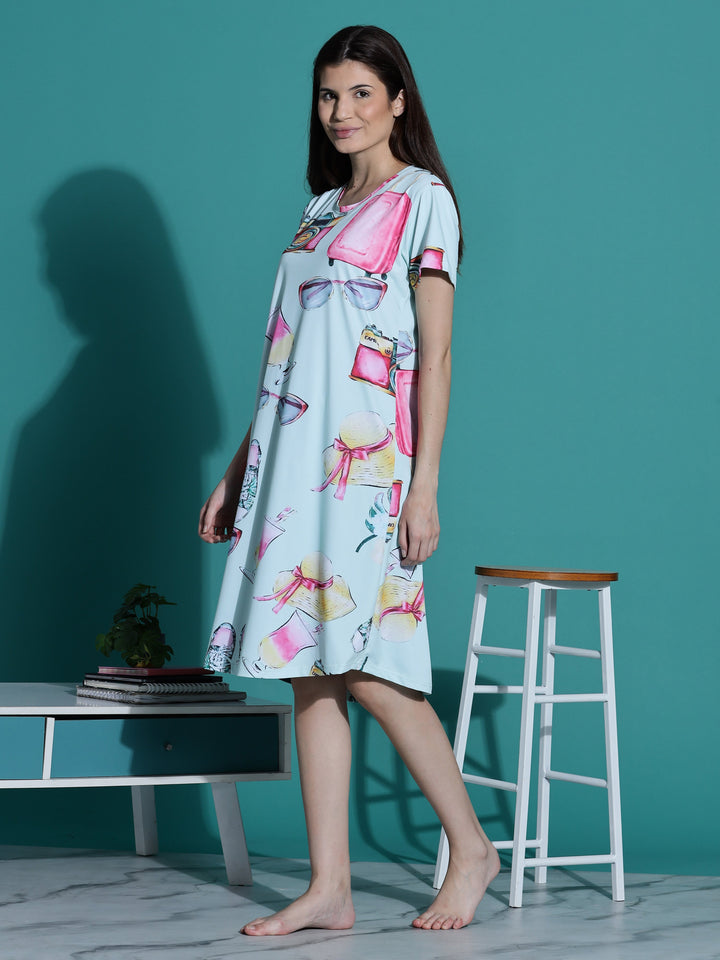 Mint green knee length night dress for women with pocket