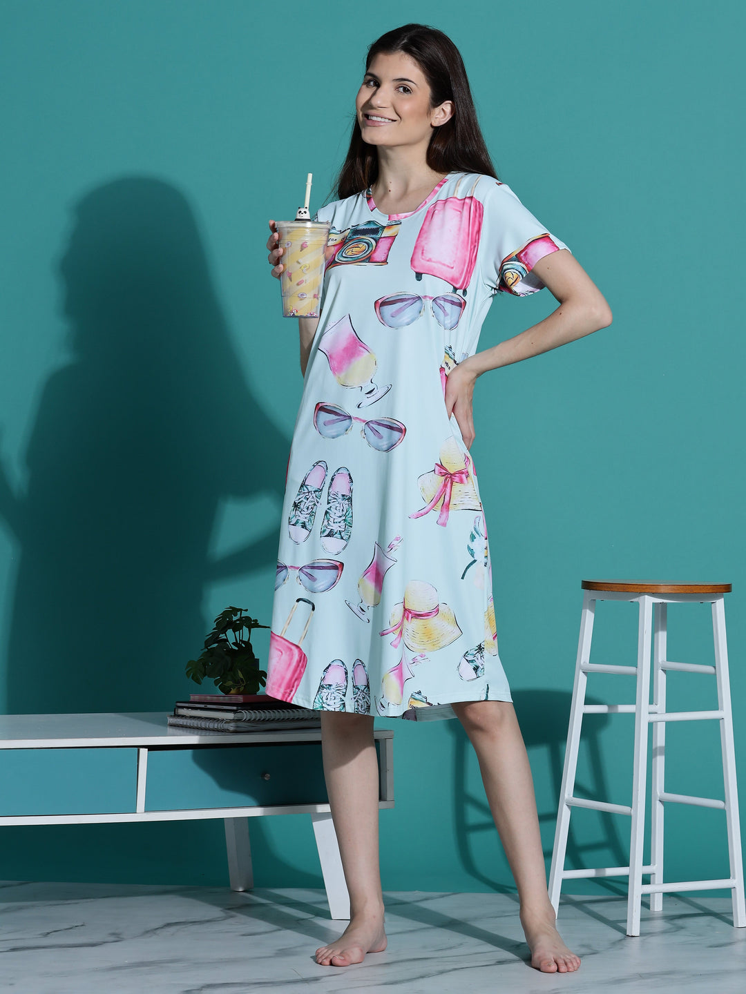 Mint green knee length night dress for women with pocket