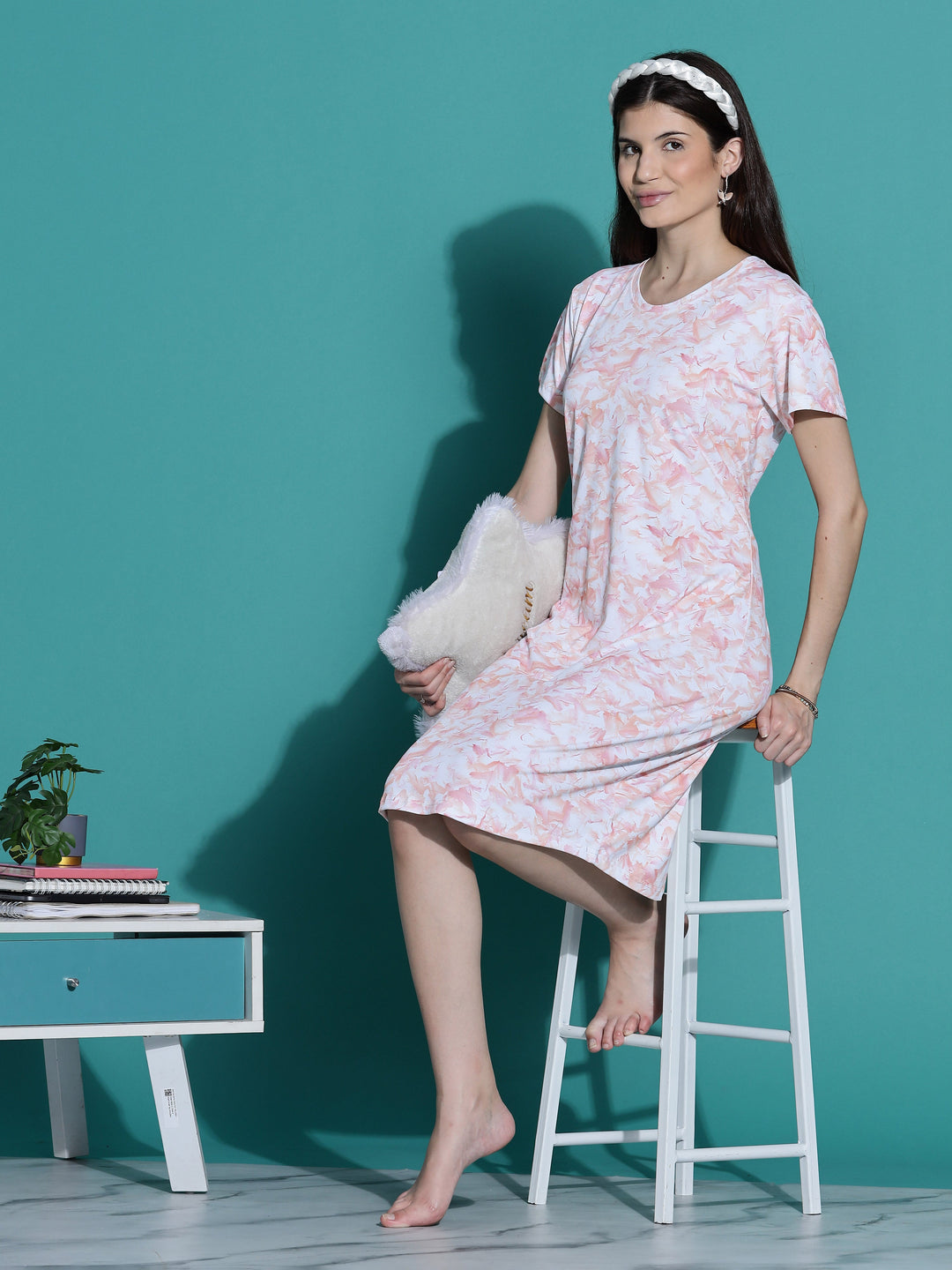 Gloss malai peach cream short night dress for women