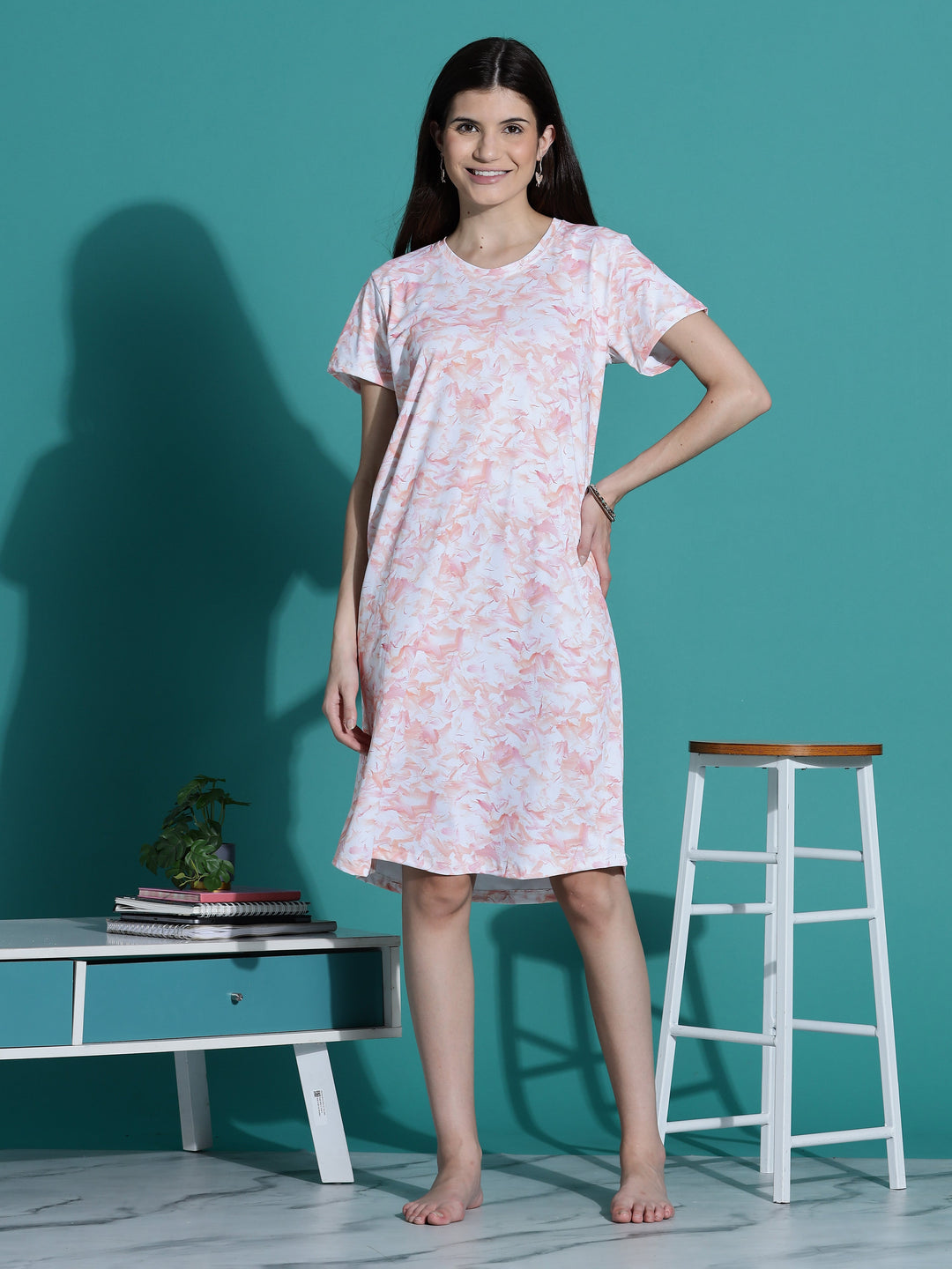 Gloss malai peach cream short night dress for women