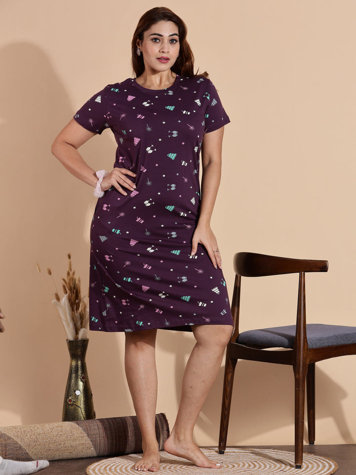 M-7XL relaxed fit wine hosiery cotton short nighty for women