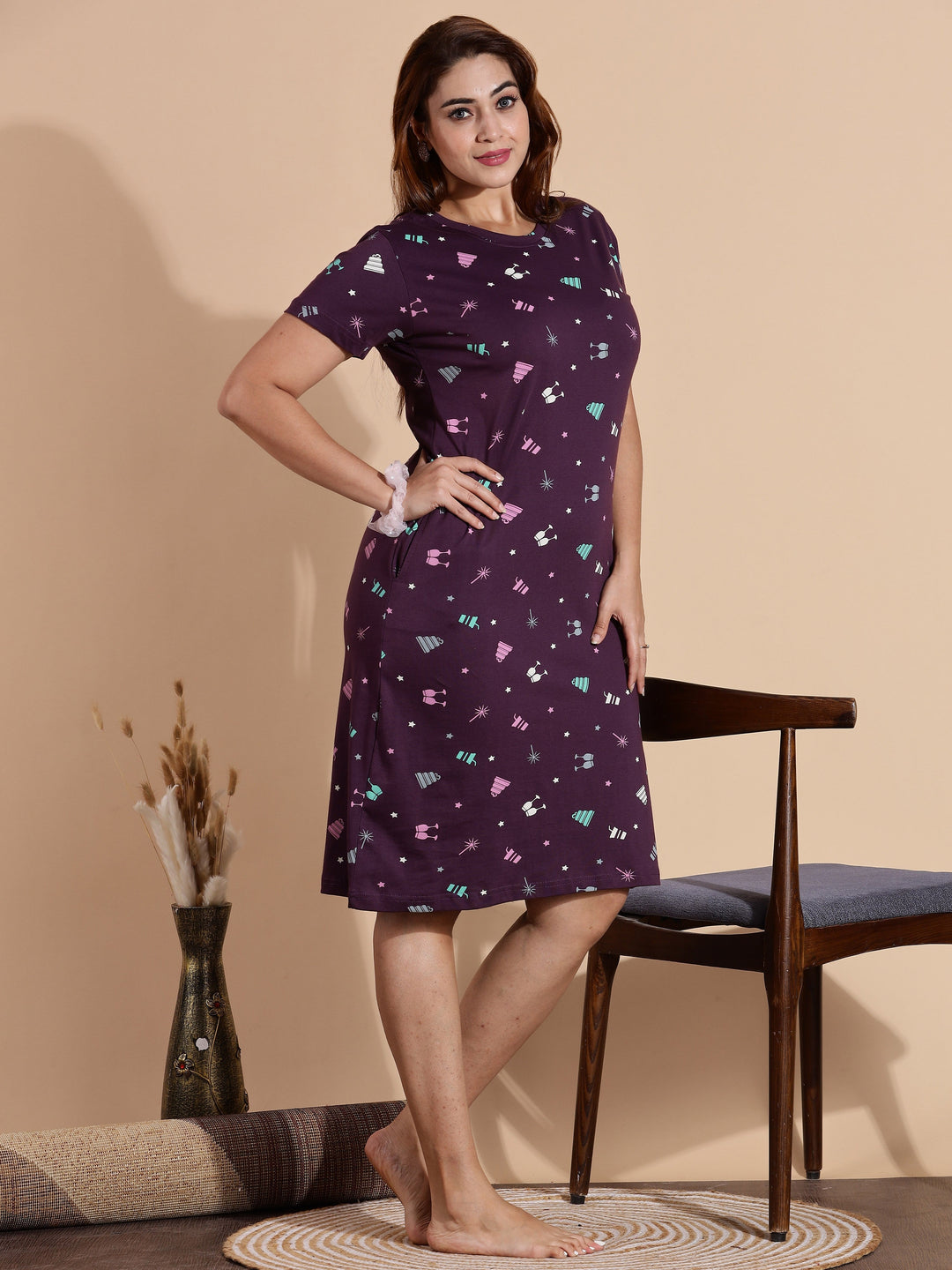 M-7XL relaxed fit wine hosiery cotton short nighty for women