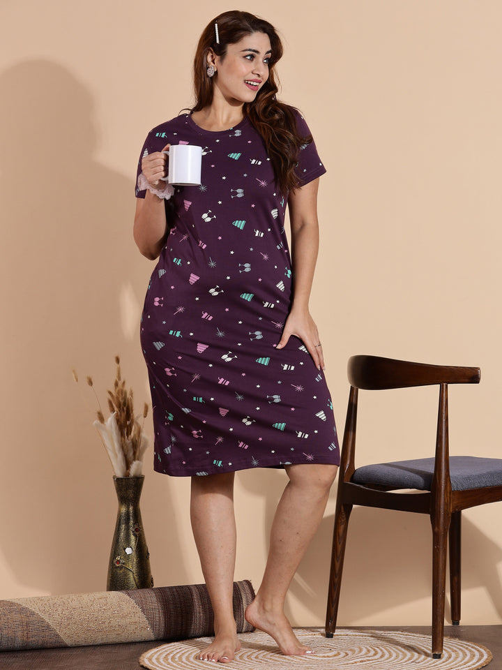 M-7XL relaxed fit wine hosiery cotton short nighty for women