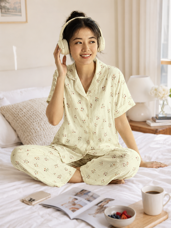 vanilla glow vintage floral korean style night suit set