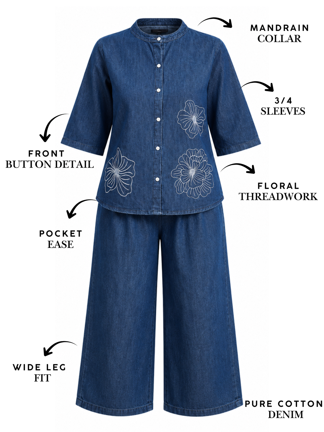 Light blue pure cotton denim co ord set for women featuring delicate floral embroidery.