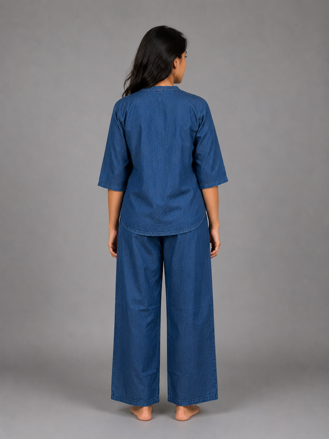Light blue pure cotton denim co ord set for women featuring delicate floral embroidery.
