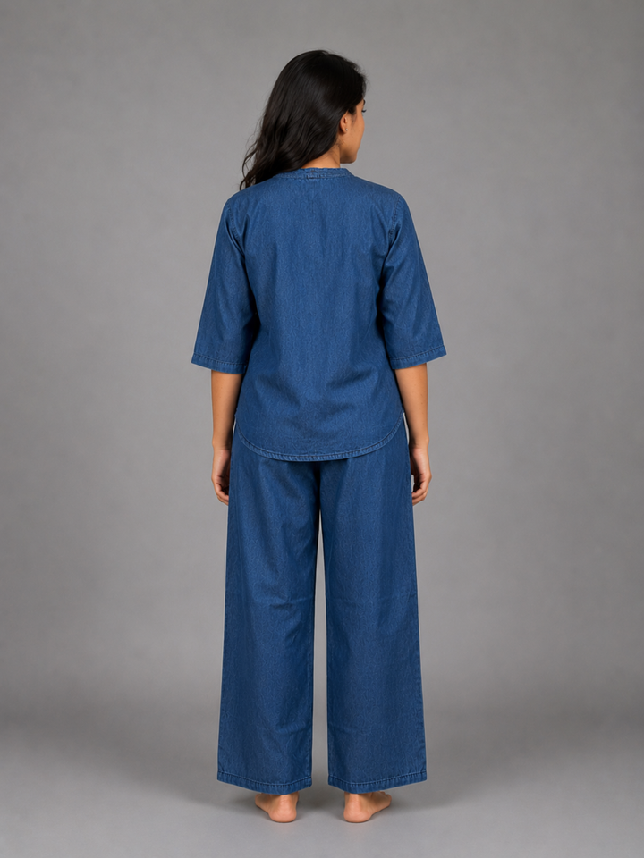 Light blue pure cotton denim co ord set for women featuring delicate floral embroidery.
