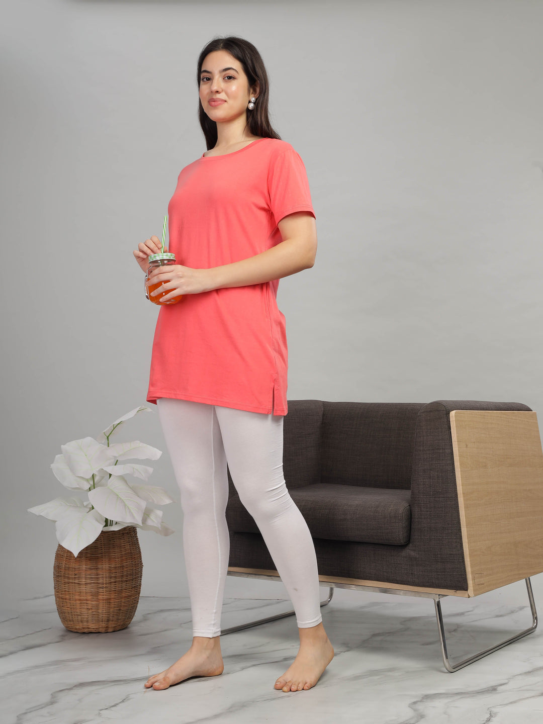 Coral cotton long yoga tshirt for women with soft comfy fit