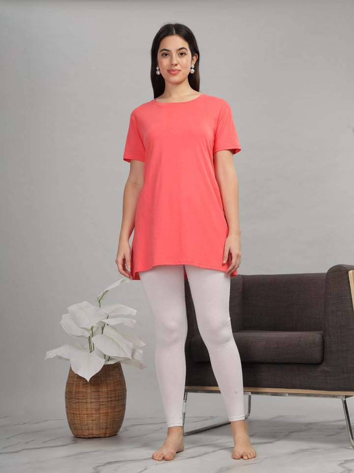 Coral Cotton Longline T-Shirt for Women with Comfy Fit