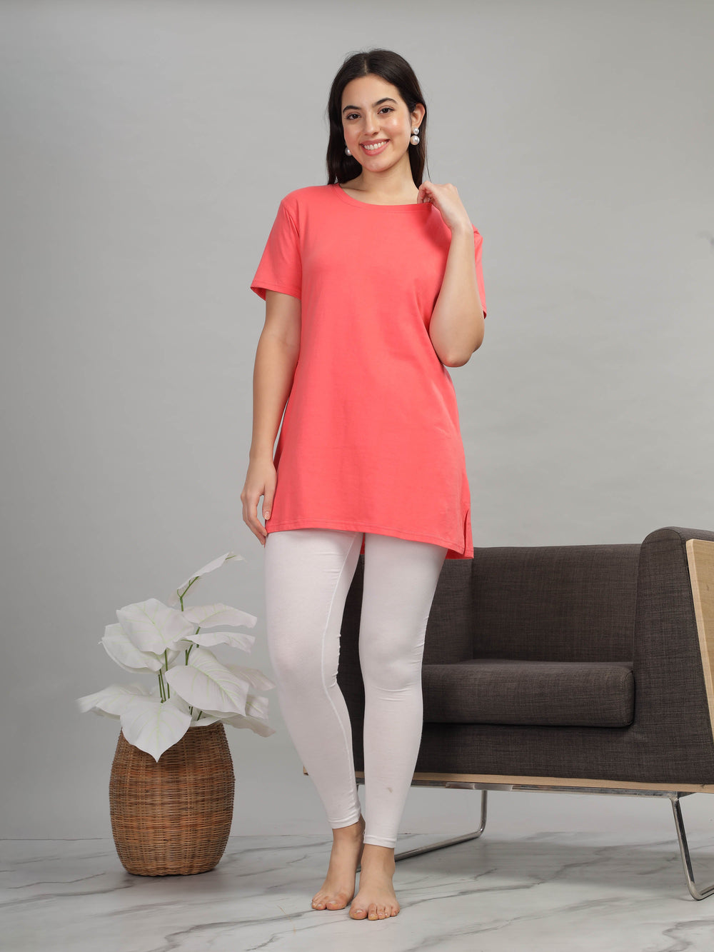 Coral cotton long yoga t shirt for women with soft comfy fit