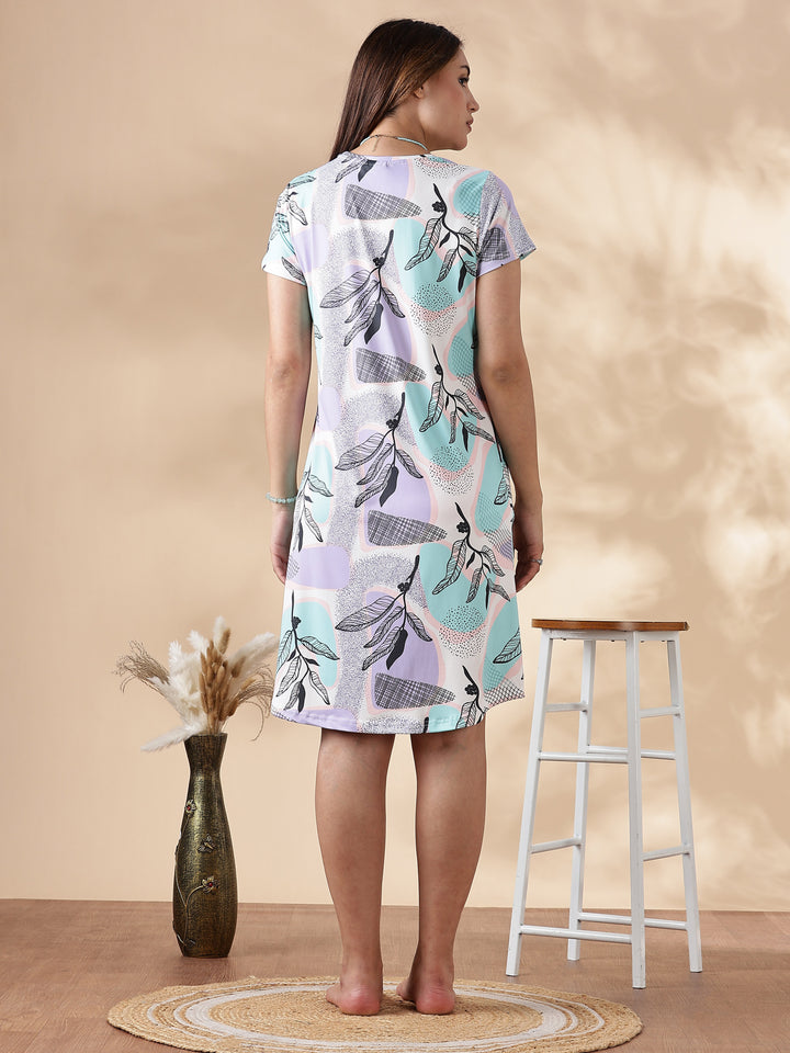 Soft gloss malai abstract leaf print short nighty for women