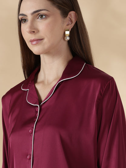 Royal maroon long sleeve satin pj set for women