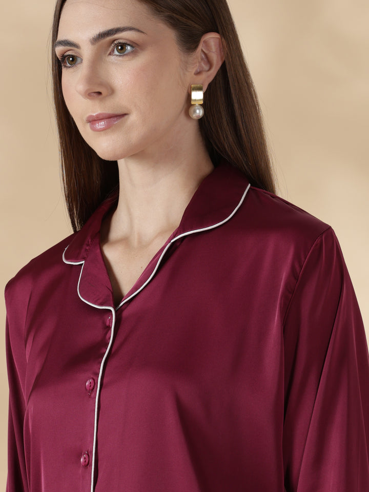 Royal maroon long sleeve satin pj set for women