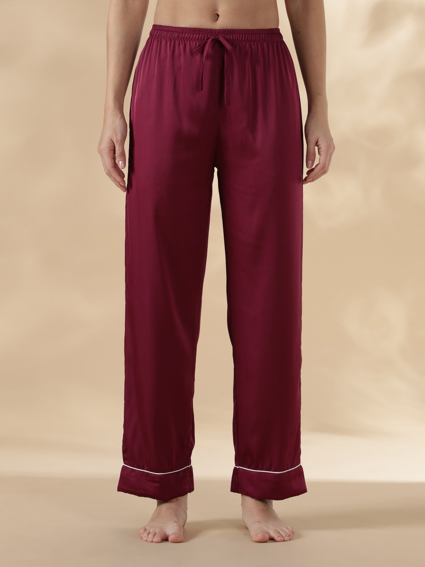 Royal maroon long sleeve satin pj set for women