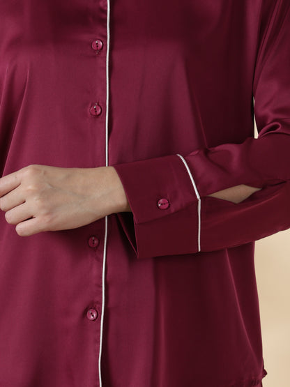 Royal maroon long sleeve satin pj set for women