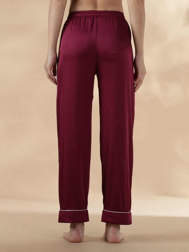 Royal maroon long sleeve satin pj set for women