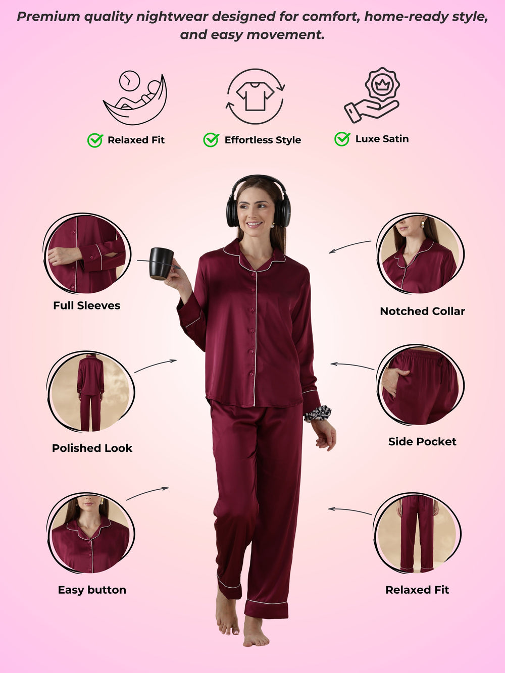 Royal maroon long sleeve satin pj set for women