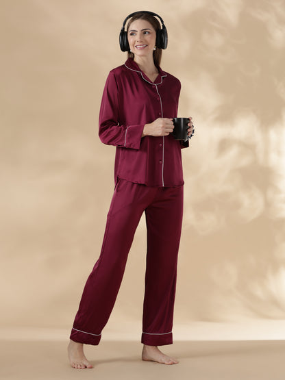 Royal maroon long sleeve satin pj set for women