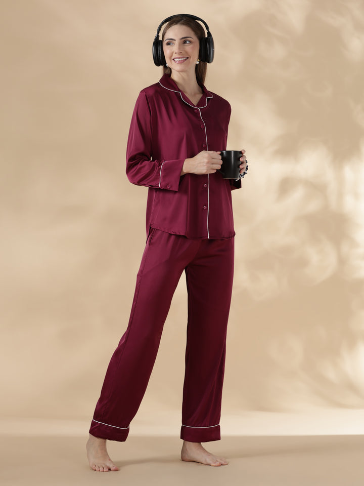 Royal maroon long sleeve satin pj set for women