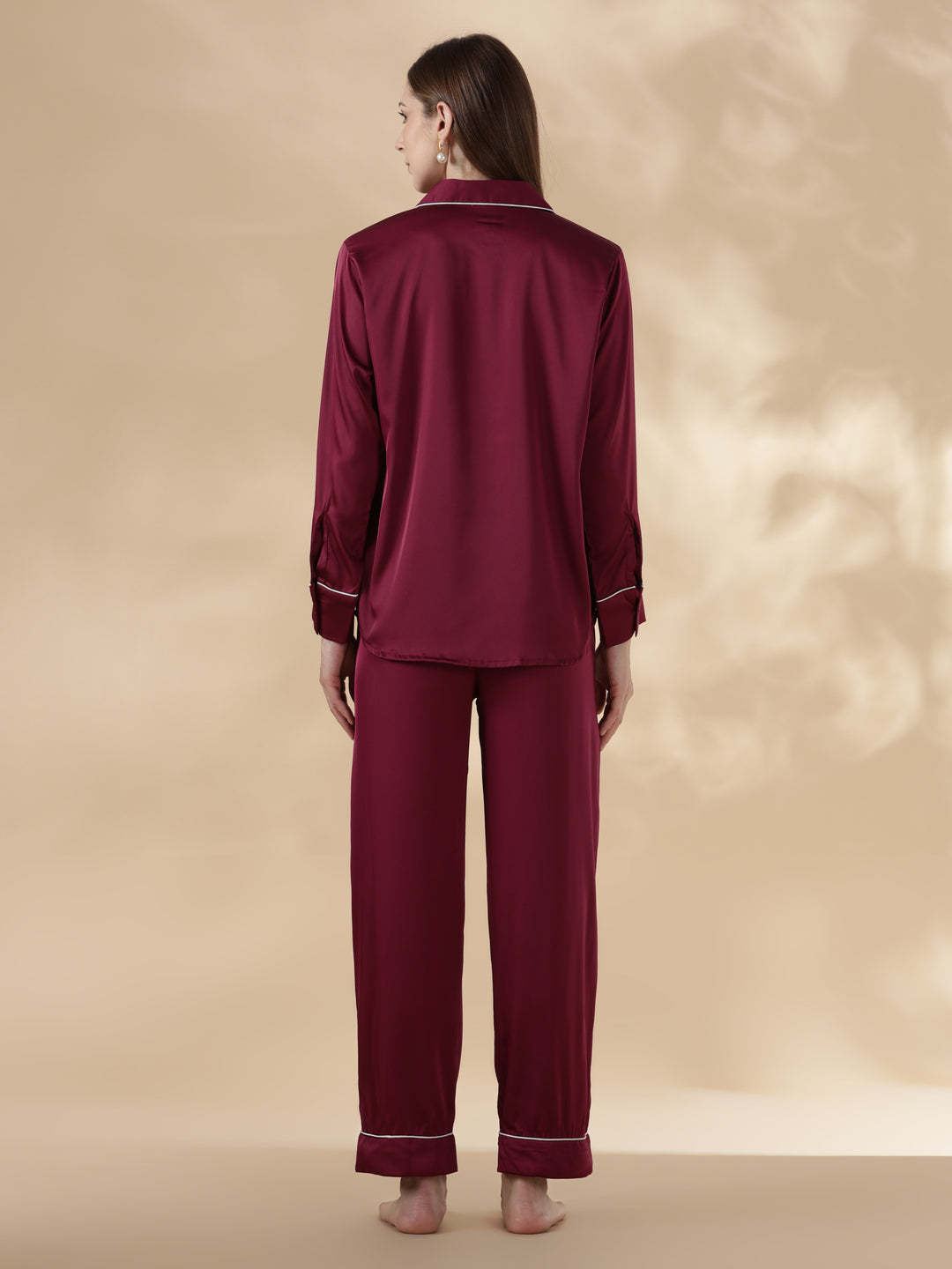 Royal maroon long sleeve satin pj set for women