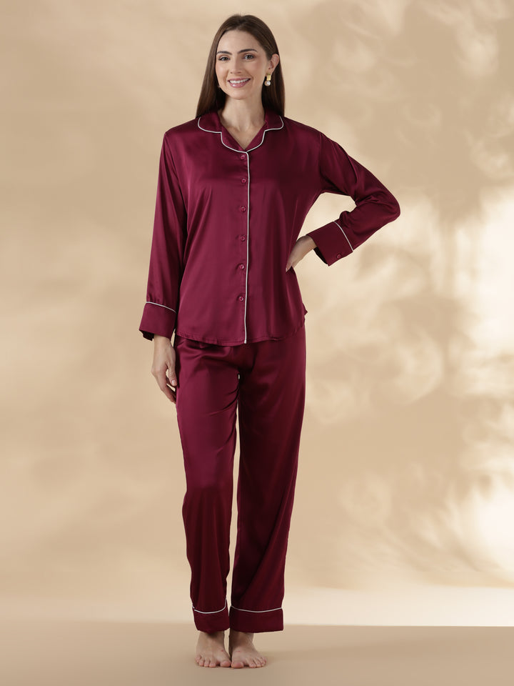 Royal maroon long sleeve satin pj set for women