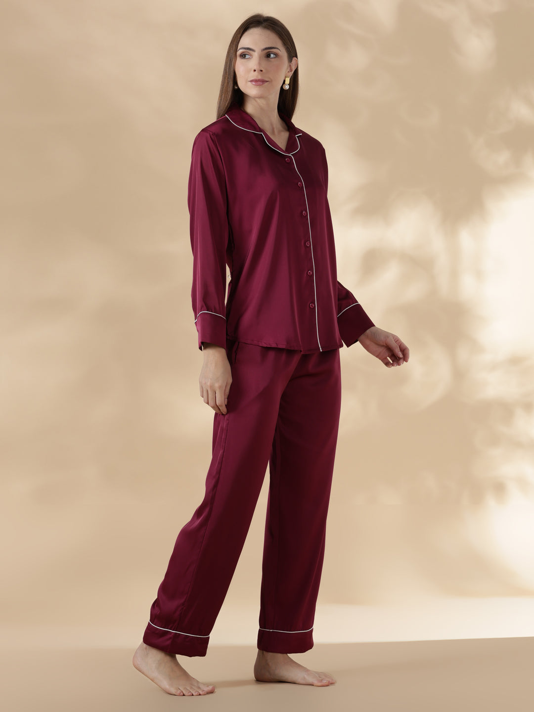 Royal maroon long sleeve satin pj set for women