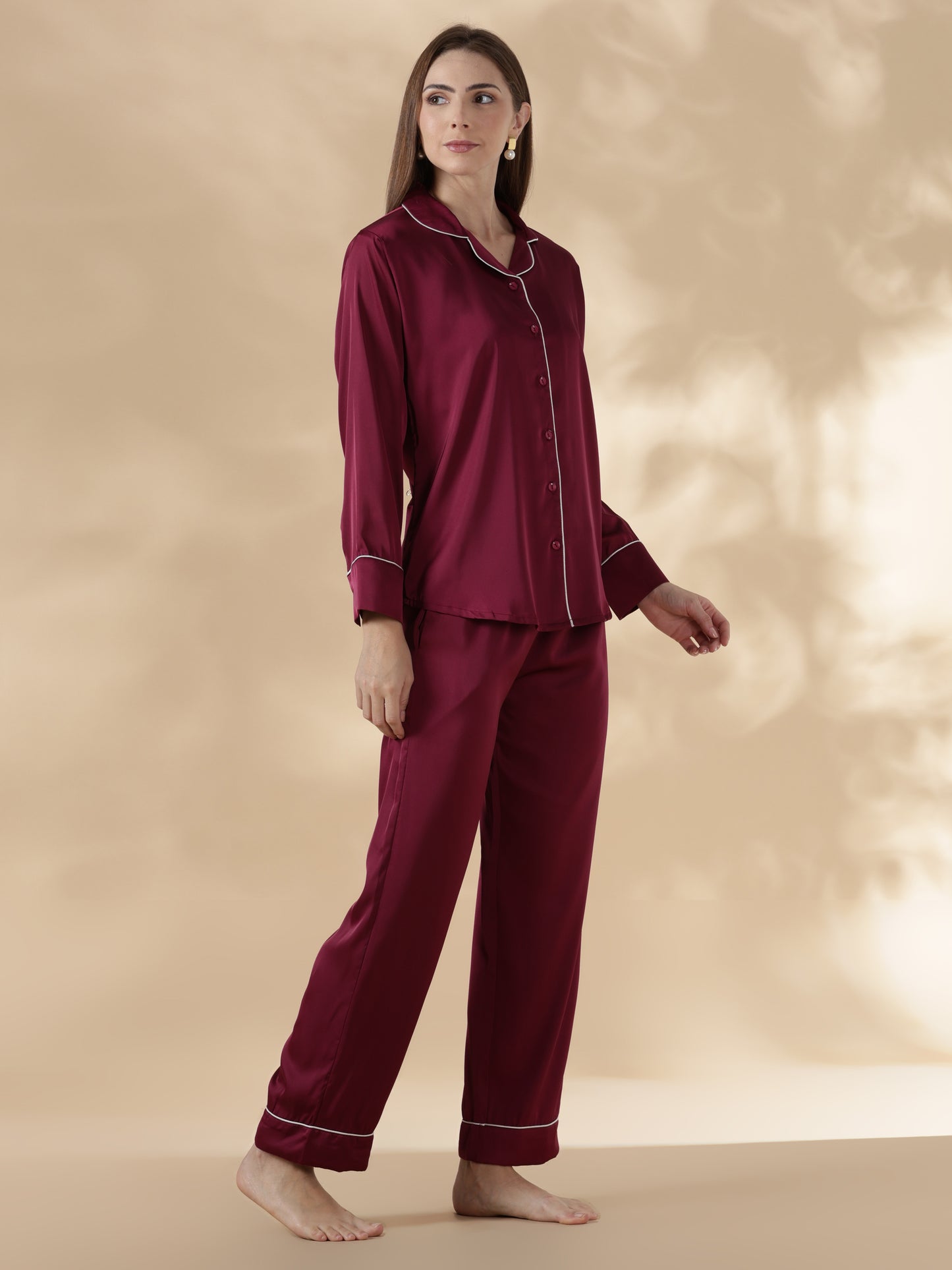 Royal maroon long sleeve satin pj set for women