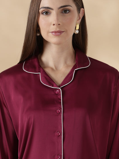 Royal maroon long sleeve satin pj set for women