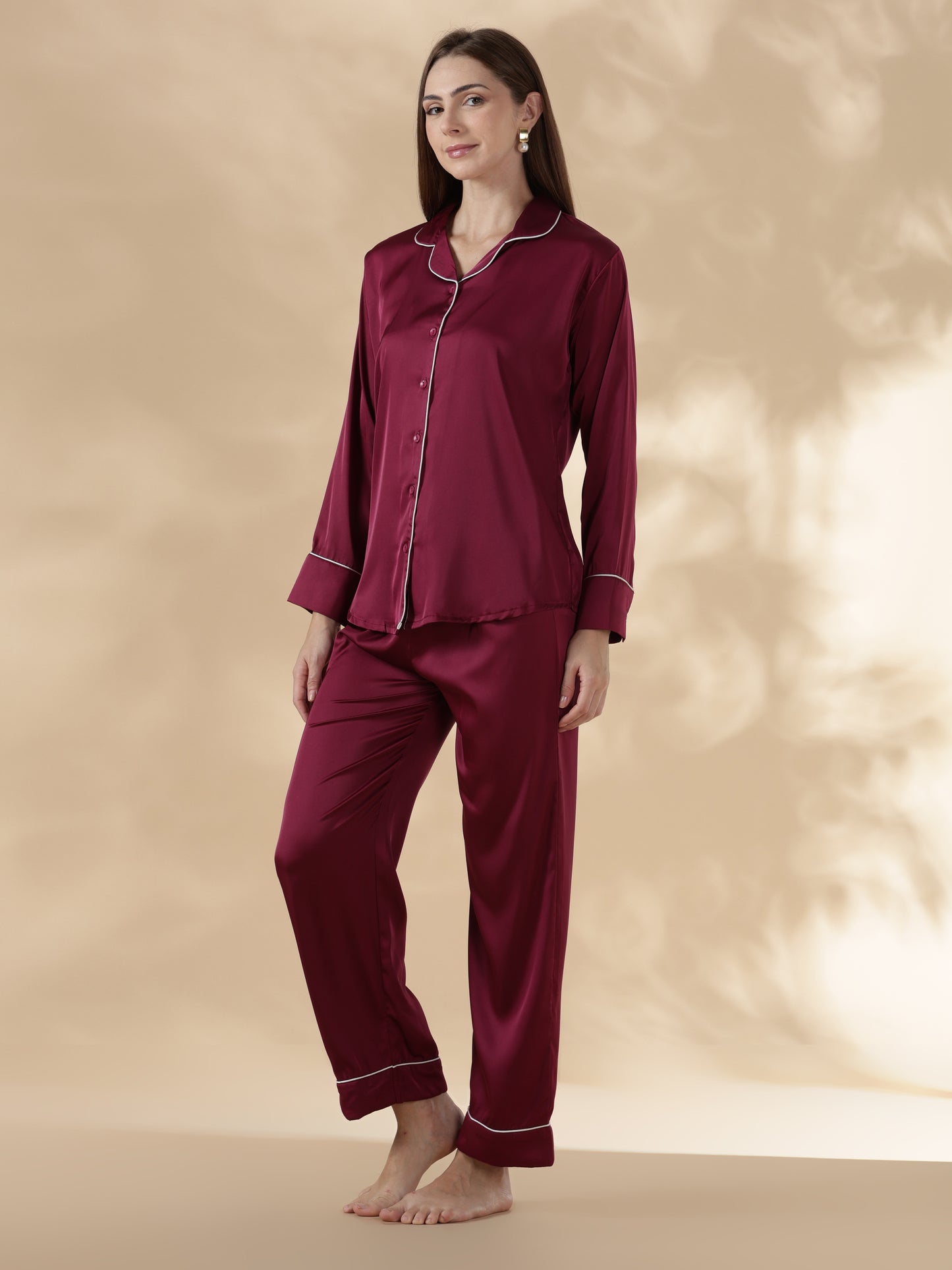 Royal maroon long sleeve satin pj set for women