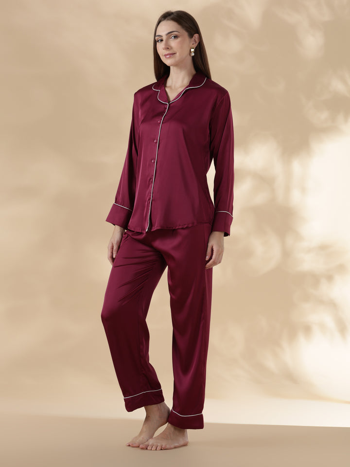 Royal maroon long sleeve satin pj set for women