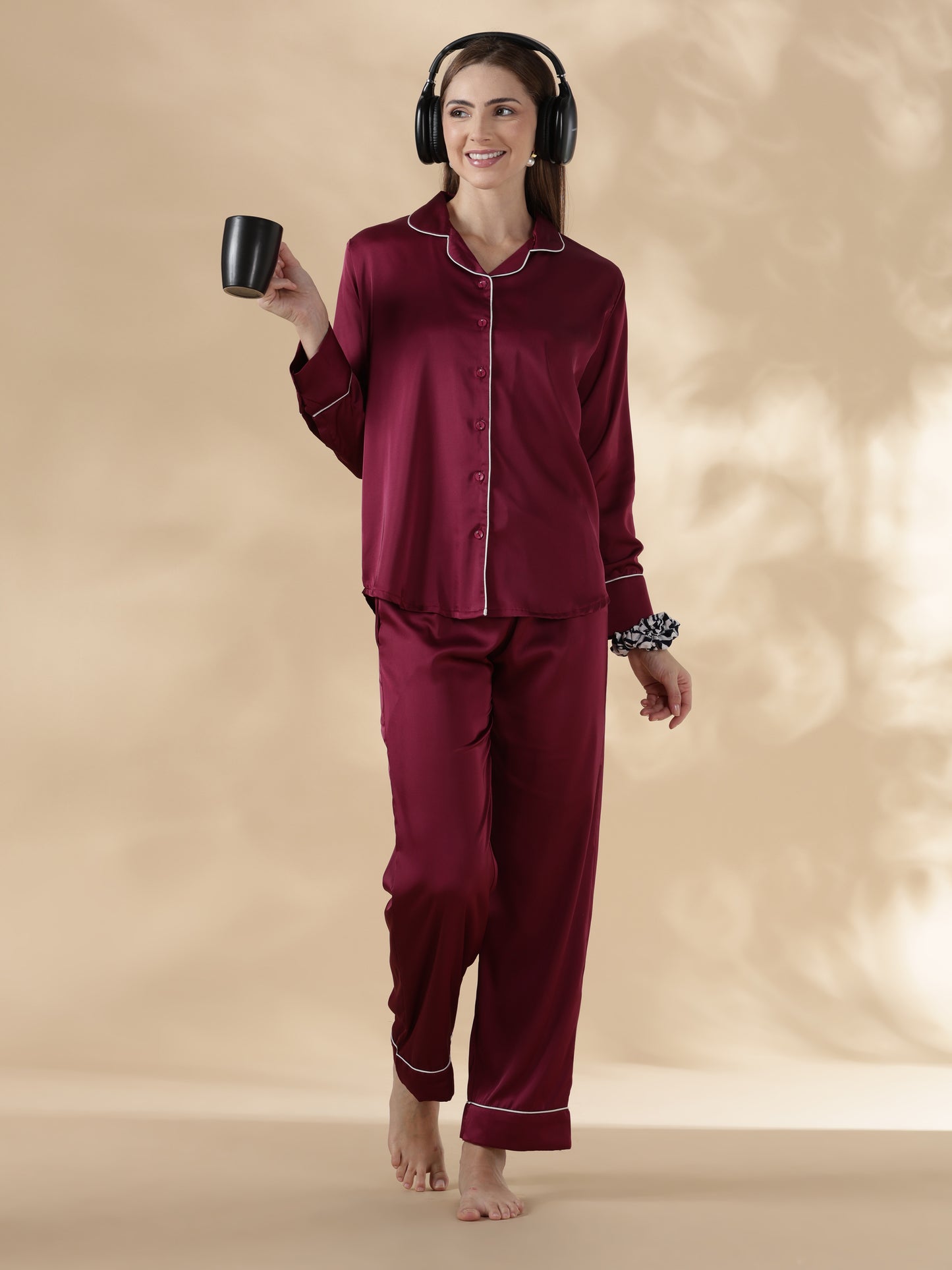 Royal maroon long sleeve satin pj set for women