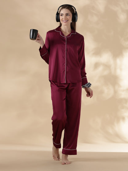 Royal maroon long sleeve satin pj set for women