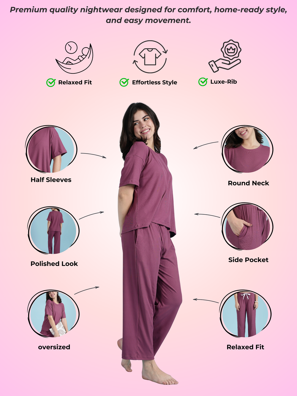 Rib soft loungewear set for women in maroon
