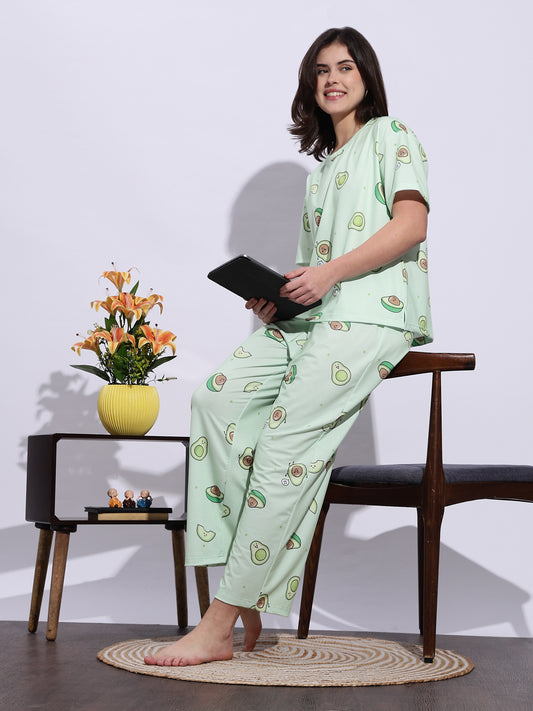 Lycra Branded Night Suit Set for Women In Mint