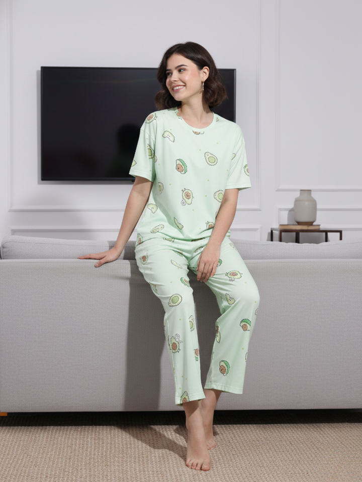 Lycra branded night suit set for women In Mint