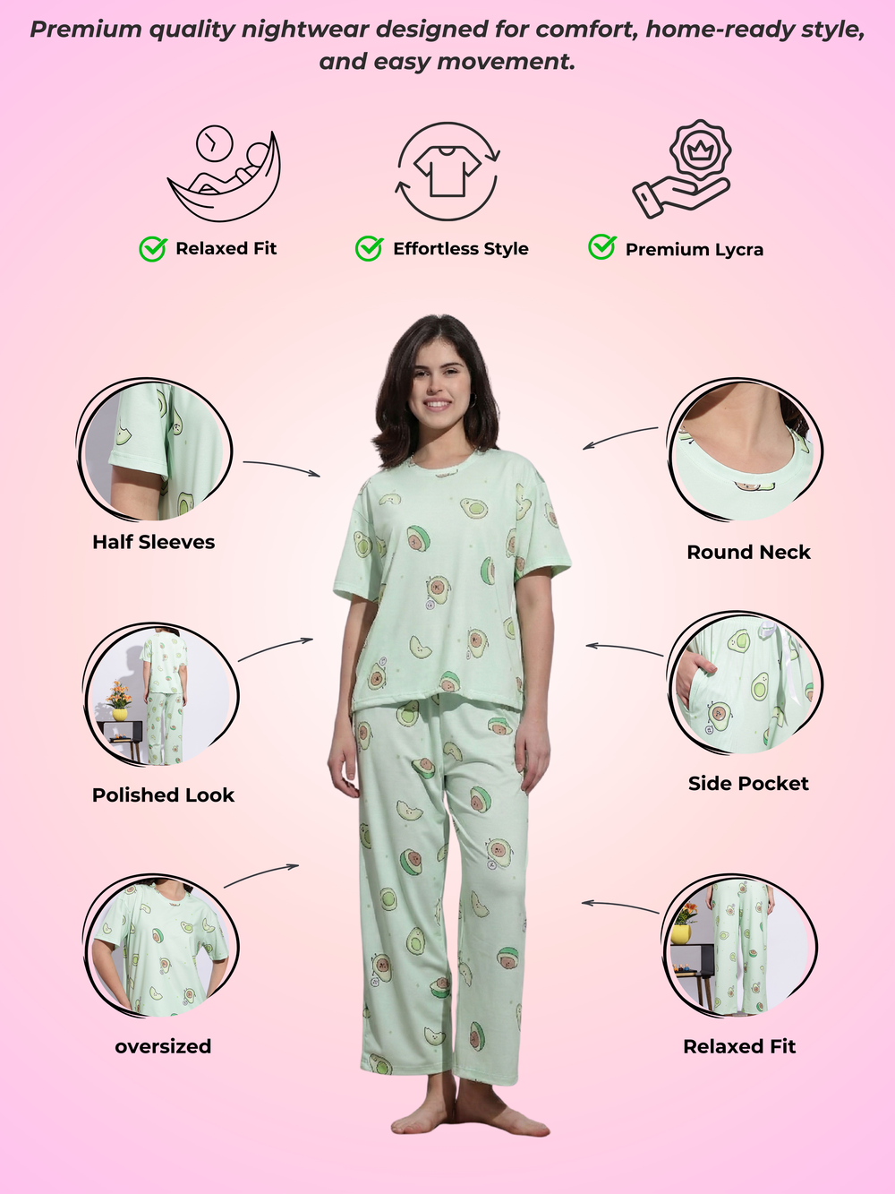 Lycra branded night suit set for women In Mint