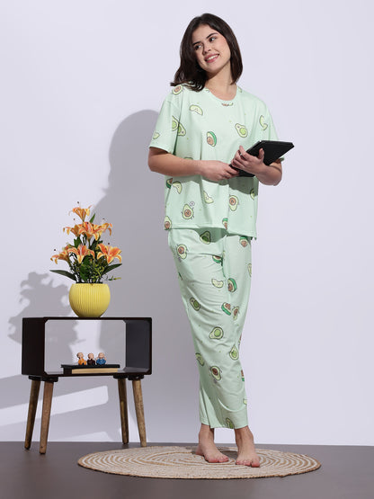 Lycra Branded Night Suit Set for Women In Mint